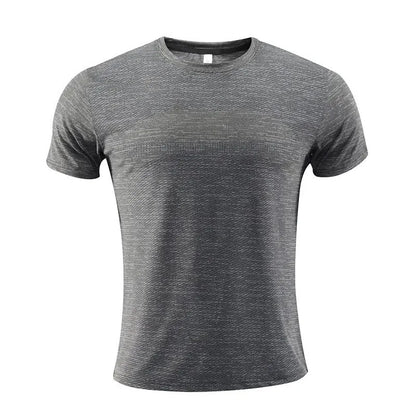 Man wearing a red short-sleeve polyester sports t-shirt for running or basketball workout.
