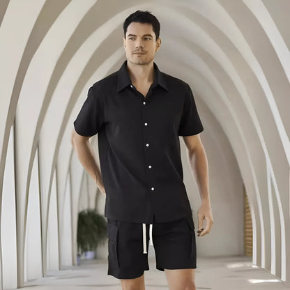 Women's elastic waist shorts set in beige, showing short-sleeve top and matching shorts.