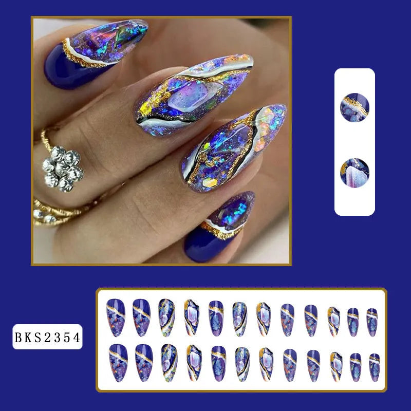 Set of almond-shaped rainbow patterned false nail stickers in European Square shape on four colour backgrounds.