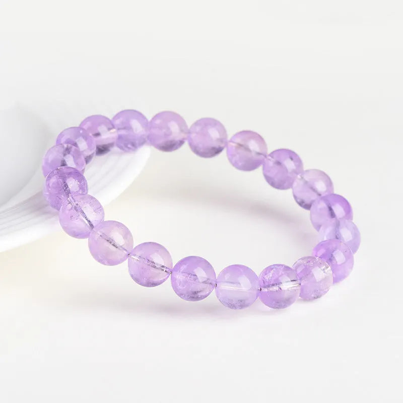 Lavender Round Beads Iced Light Purple Crystal Bracelet: Handcrafted Amethyst Beads with Water Ripple Design in Cream Body or Transparent Lavender, Available in 8 Sizes from 6-6.8mm to 17-17.8mm
