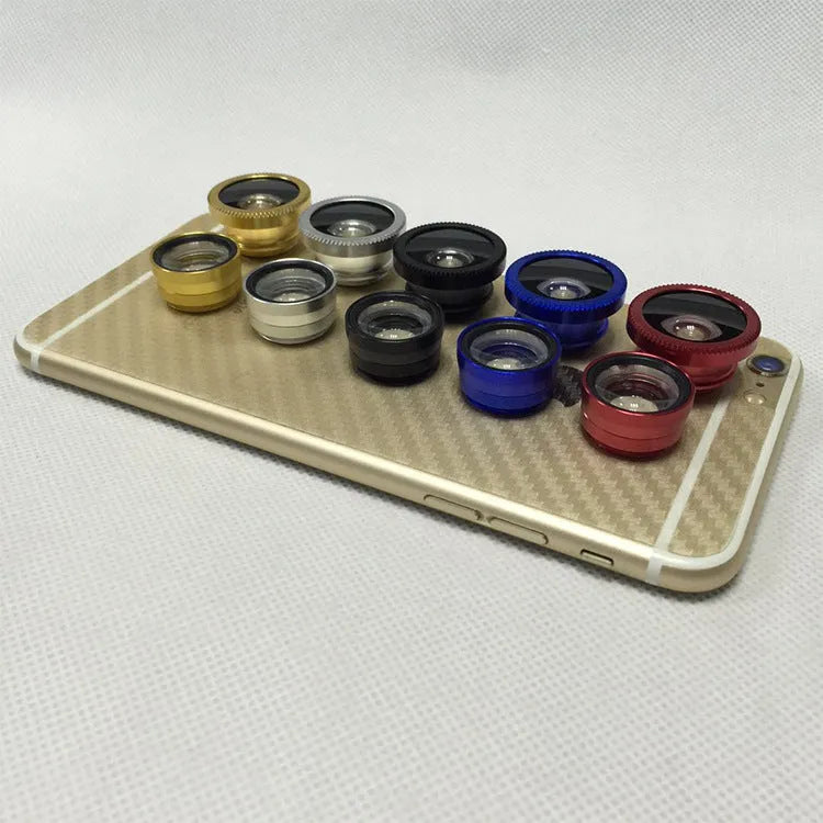 Three mobile phone lens attachments: fisheye, wide-angle and macro for smartphone photography
