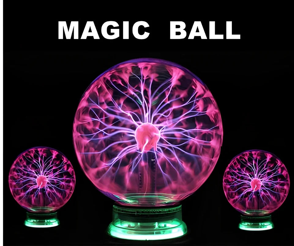 Plasma lightning ball with electrostatic induction showing colourful electrical discharges on glass surface