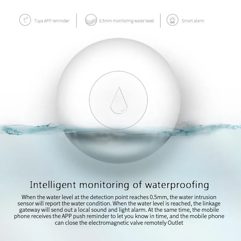 A small, white, rectangular Zigbee wireless water flood sensor for smart homes.