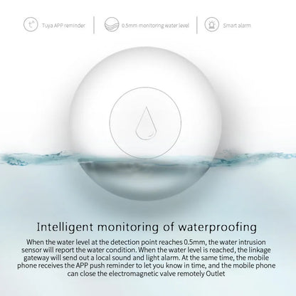 A small, white, rectangular Zigbee wireless water flood sensor for smart homes.