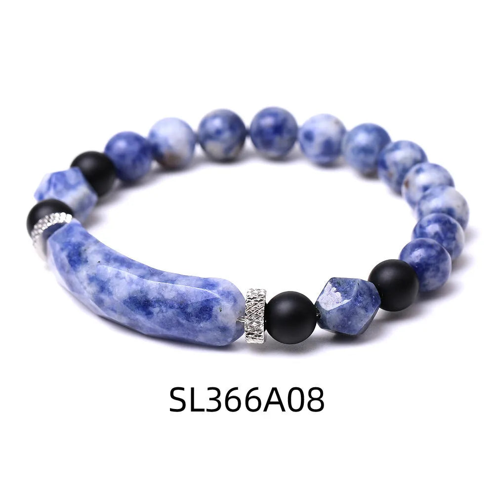 Handmade diamond-shaped cut black agate geometric bracelet showing fan-shaped bead arrangement.