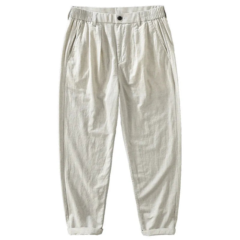 Men's loose-fit straight-leg trousers in a cotton linen blend, shown in a raw jute colour.