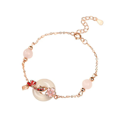 Women's S925 sterling silver bracelet with white chalcedony flowers and geometric koi fish charm