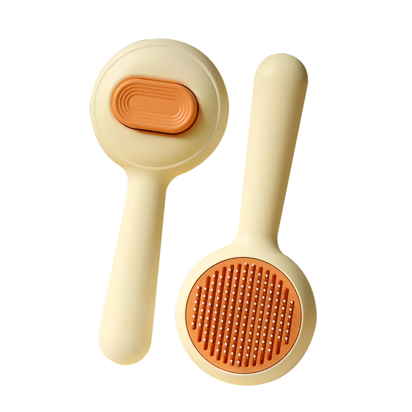 Green and yellow handled cat grooming brush with stainless steel pins on a white background