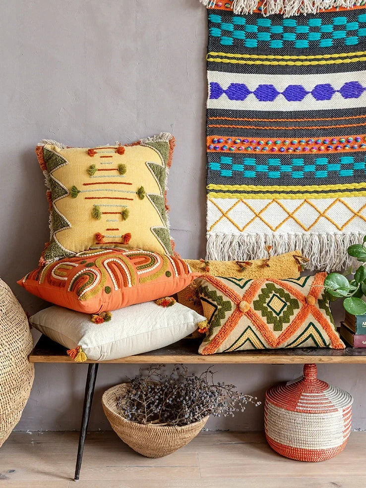 Vintage handmade embroidered throw pillow in jewel 01 cotton, 30x50cm with core, dry clean only