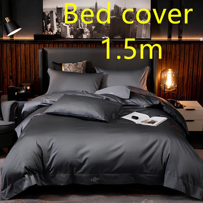 Four-piece cotton bedding set with satin weave fabric showing quilting detail and colour options