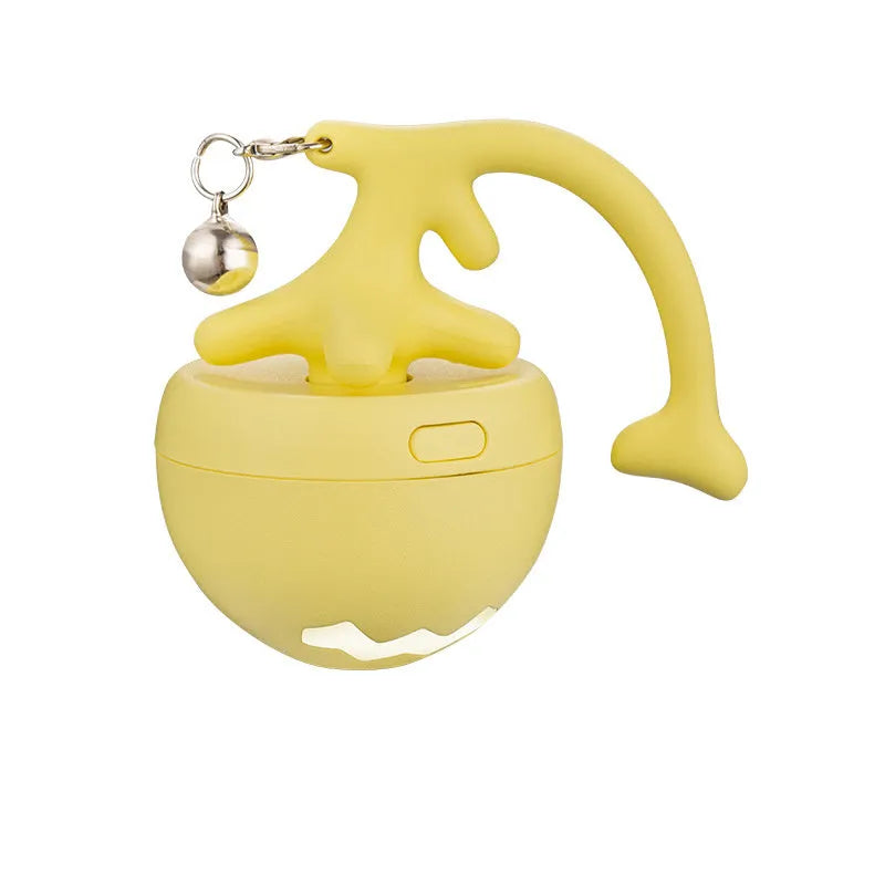 Blue USB rechargeable electric cat teasing ball with fish bone attachments and a separate feather teasing stick.