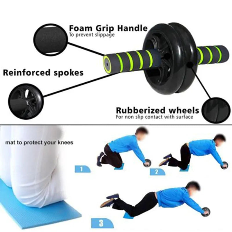 Dark blue double-wheel abdominal roller set with push-up support and palm guard, 16.5cm and 14.5cm rollers