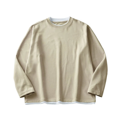 Men's loose long-sleeved cotton blend t-shirt in black, round neck, casual style.