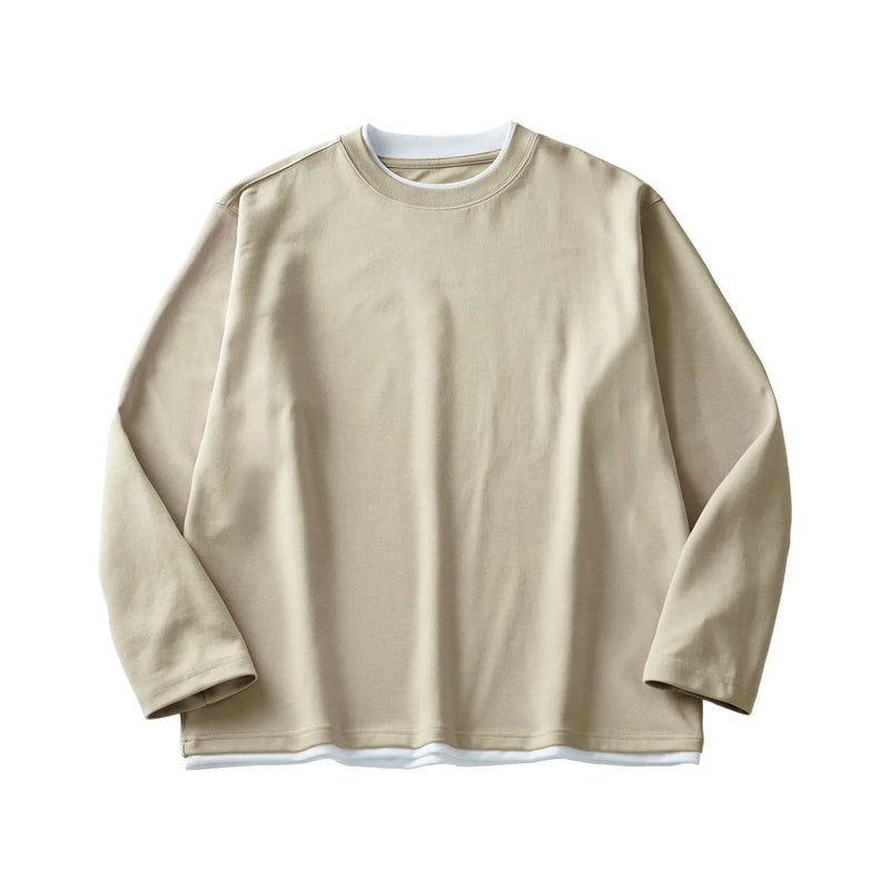Men's loose long-sleeved t-shirt in cotton blend, round neck pullover top, youth casual style, available in black, white, mixed grey, navy blue, and khaki in sizes S, M, L, XL, and XXL with Asian sizing note for accurate fit selection.