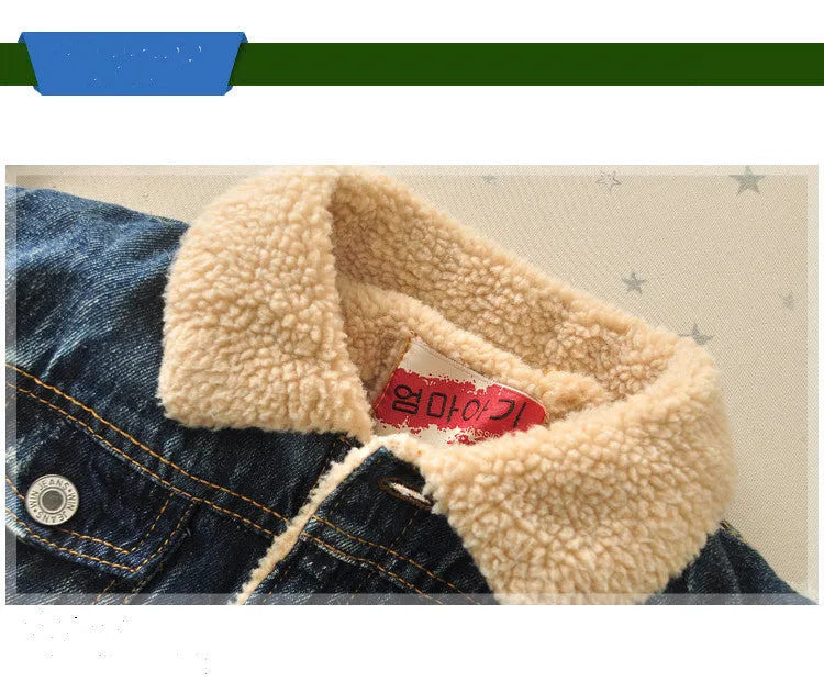 Children's denim jacket with faux fur collar, plus velvet lining, square collar, denim blue, Korean style, sizes 90-140cm