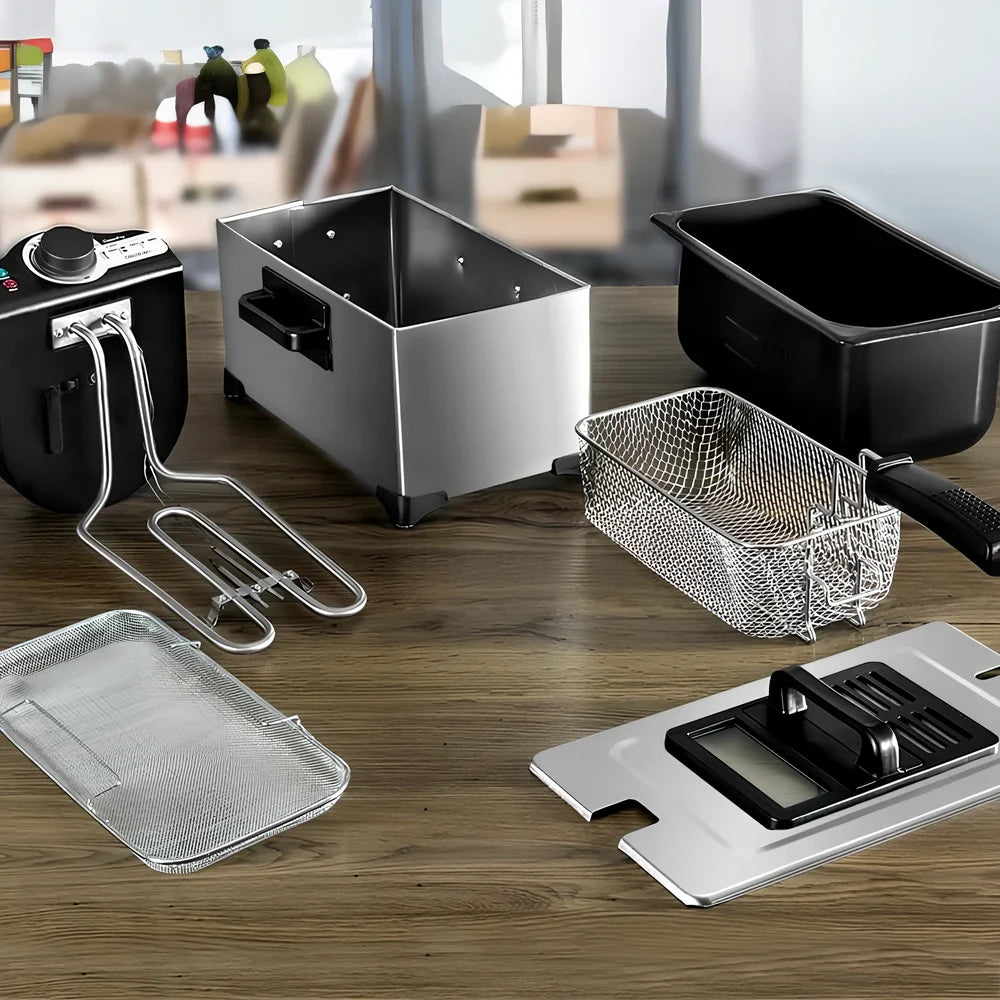 Silver 3-litre french fries fryer with Teflon non-stick coating and mechanical timer