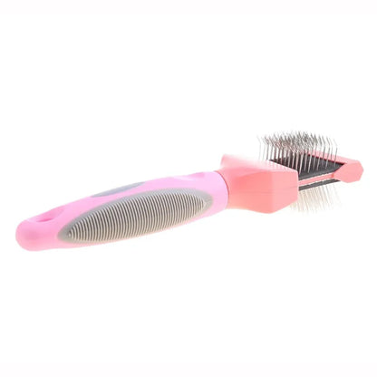 Blue double-sided pet brush for dogs and cats with stainless steel pins on a wooden table