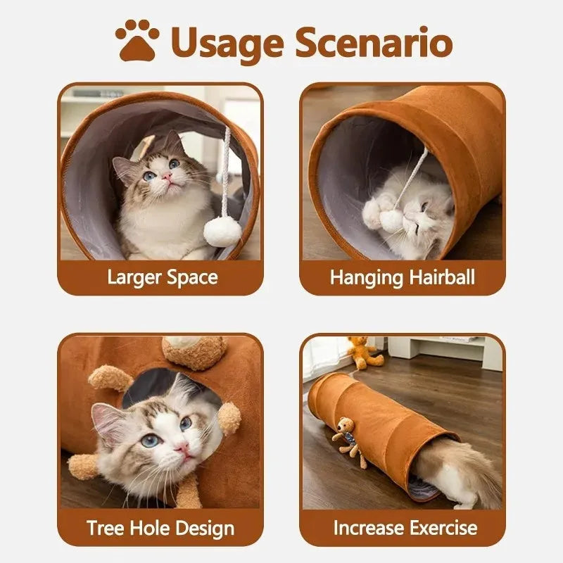 Collapsible cat tunnel in grey with attached plush ball, showing folded and extended positions