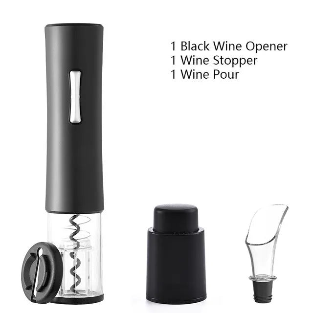Black electric wine opener with transparent cover and aluminum foil cutter on wooden table