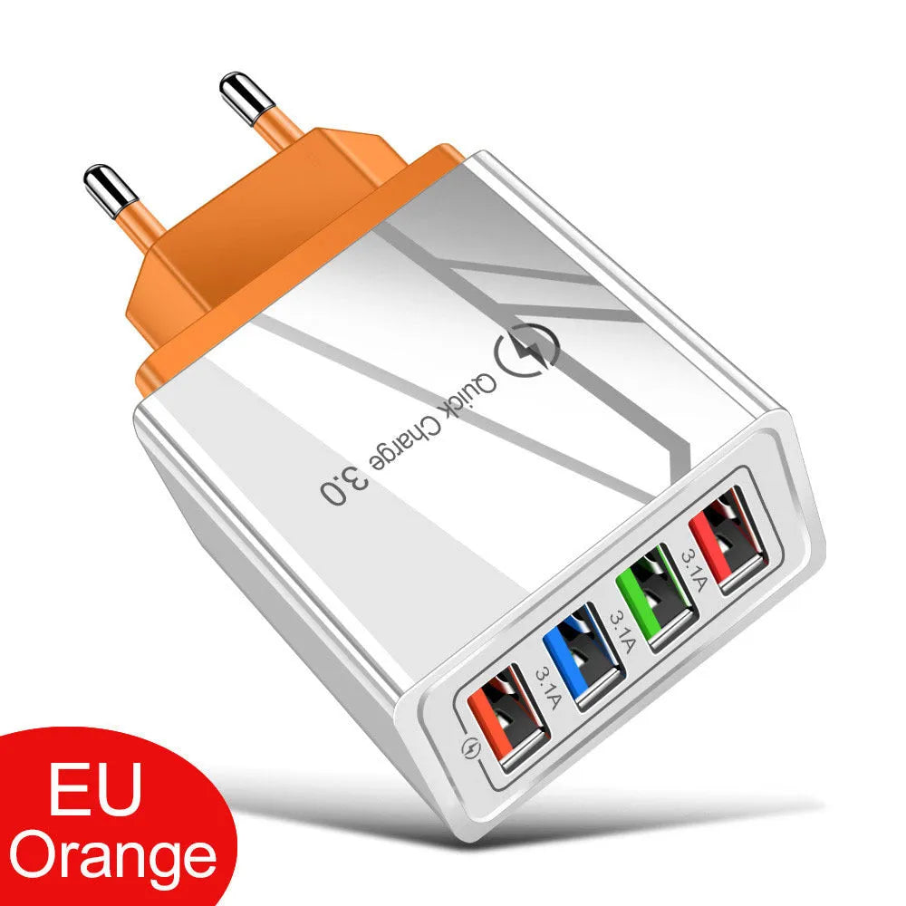 Four-port USB mobile phone charging head with luminous indicator in multiple colour options