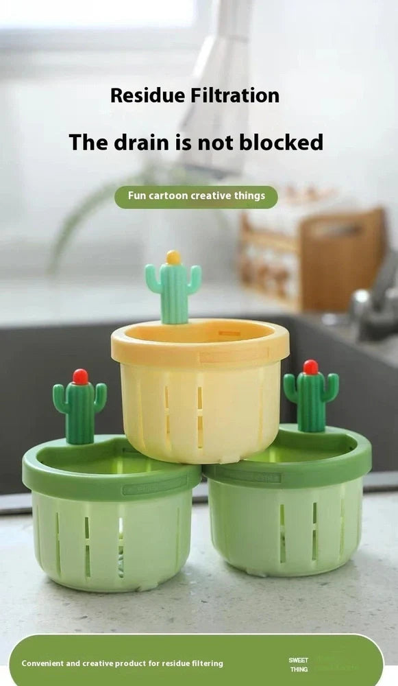 Green cactus-shaped PP sink filter basket with widened gasket on kitchen drain, 10cm height