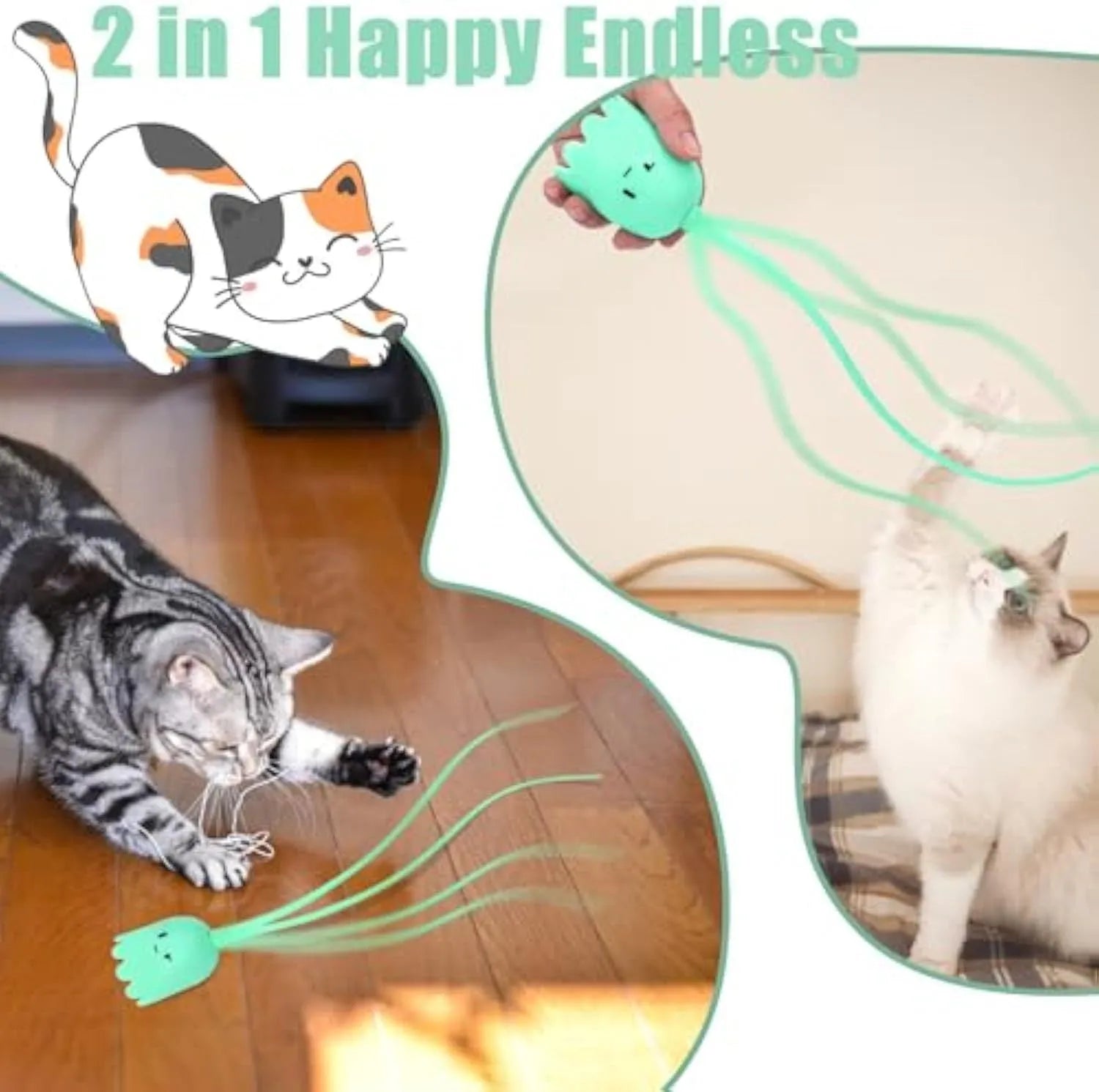 Rechargeable automatic cat wand toy with swinging silicone tails for indoor cat stimulation