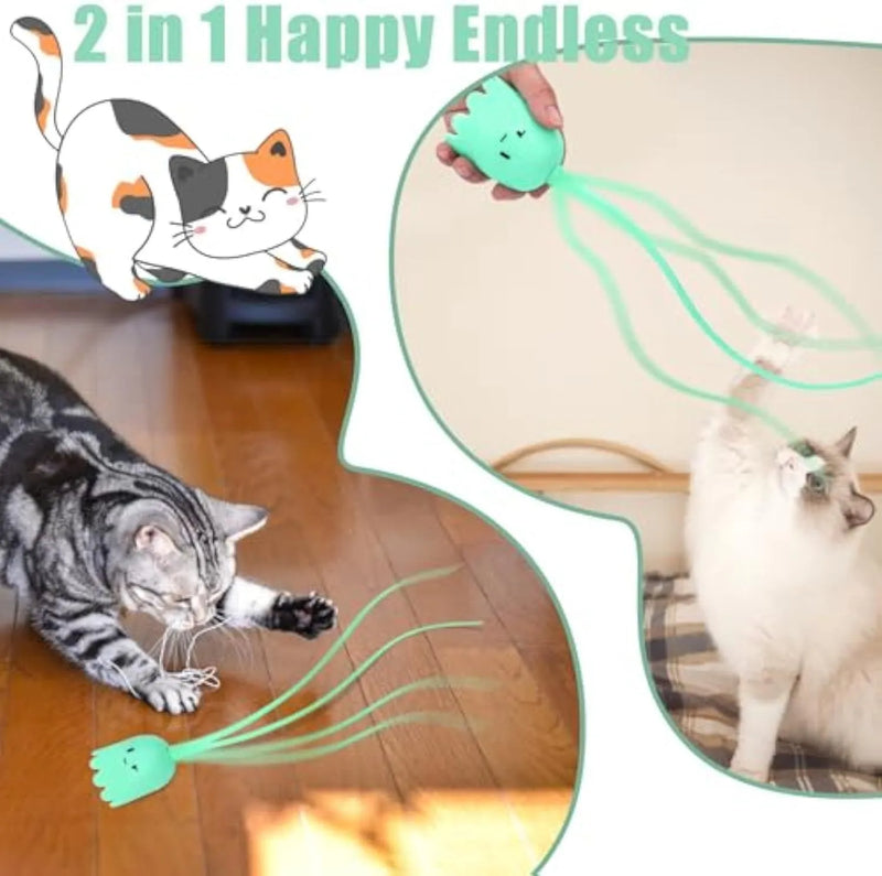 Rechargeable automatic cat wand toy for bored indoor cats, electronic interactive cat toy with swinging silicone tails for self-play and kitten stimulation, green or pink colour
