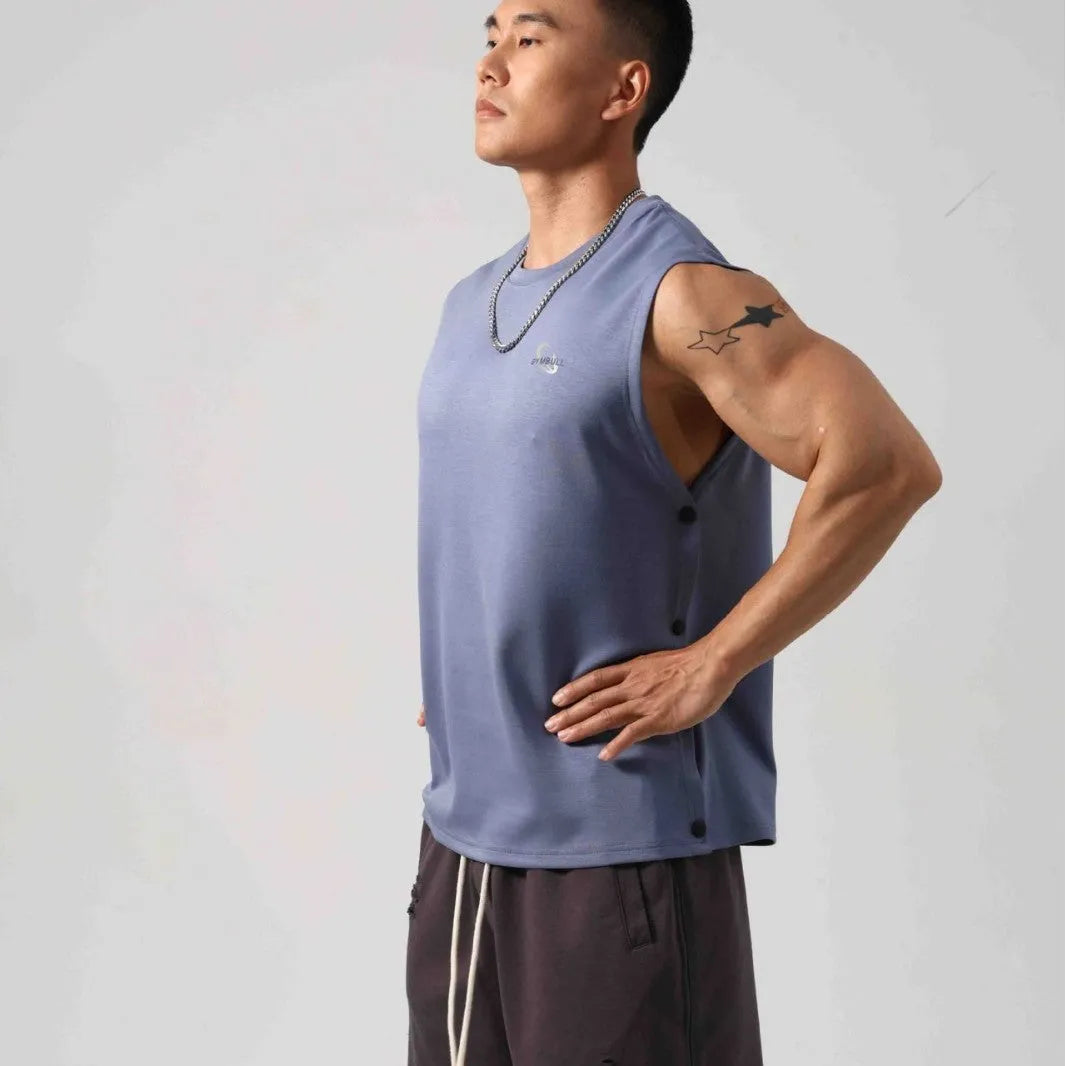 Korean style men's loose fitness vest with hidden hook design in solid colour
