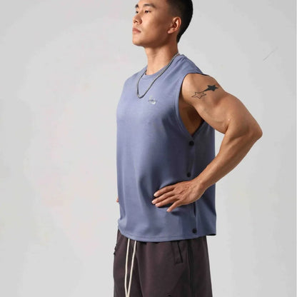 Korean style men's loose fitness vest with hidden hook design in solid colour