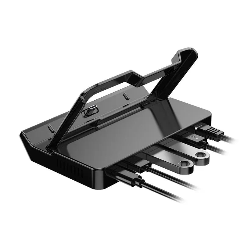 GPD WIN4 handheld game console sitting in a black docking base expander showing multiple ports on the front.