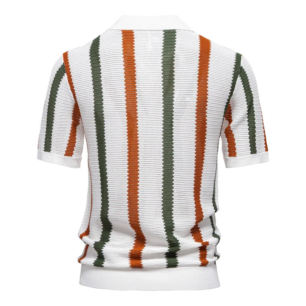 Men's breathable hollow stripe polo shirt sweater in chemical fibre blend fabric for business wear