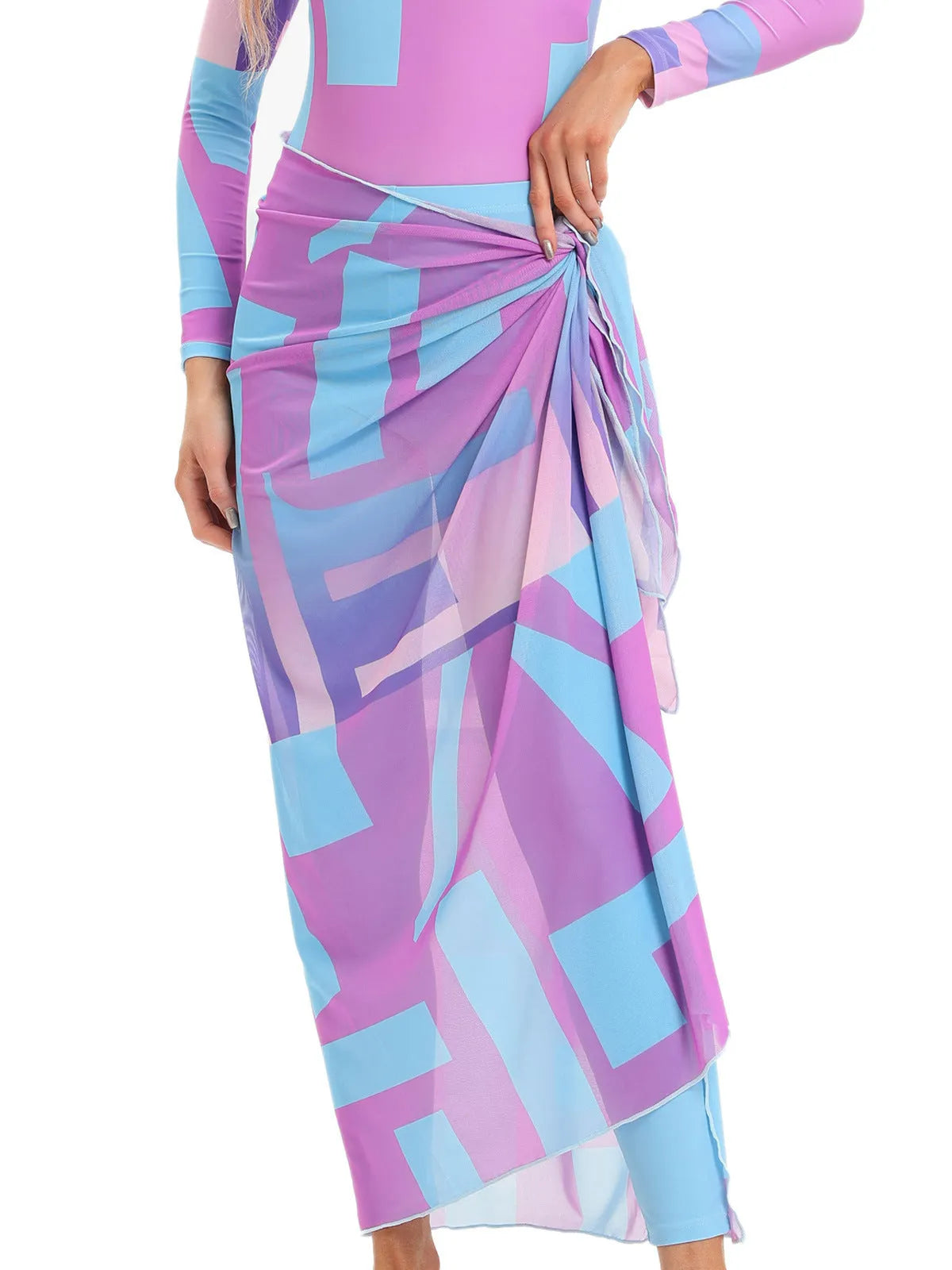 Muslim conservative beach swimsuit three-piece set with long sleeves and matching apron in polyester fabric