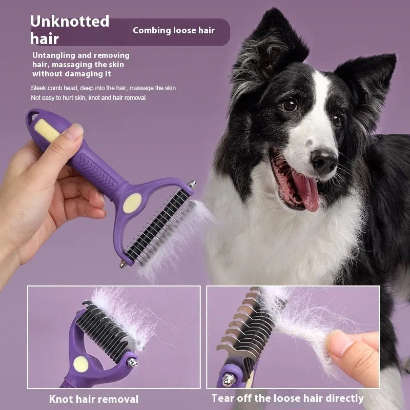 Purple double-sided pet comb for cats and dogs with knot untangling function