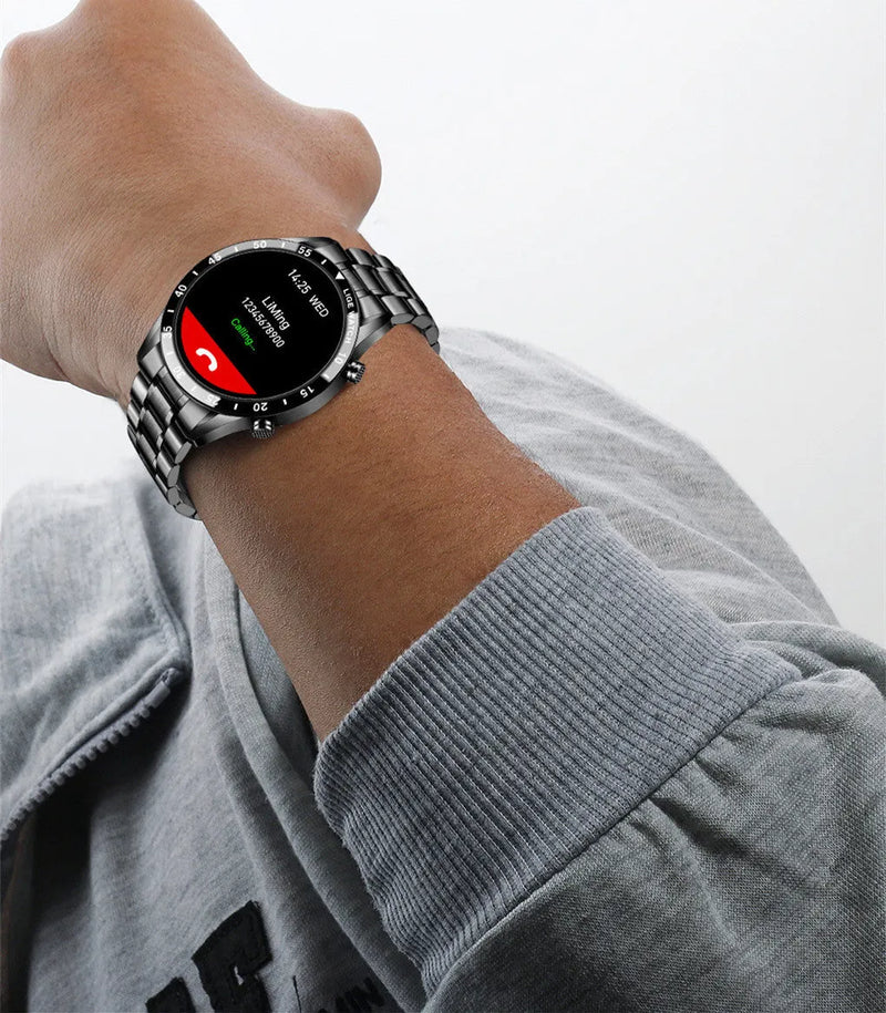 Smart watch with stainless steel strap featuring a 1.3-inch touch screen, 30-metre waterproof rating, and 5-10 metre wireless communication distance for activity tracking with step counter functionality, available in black or silver.