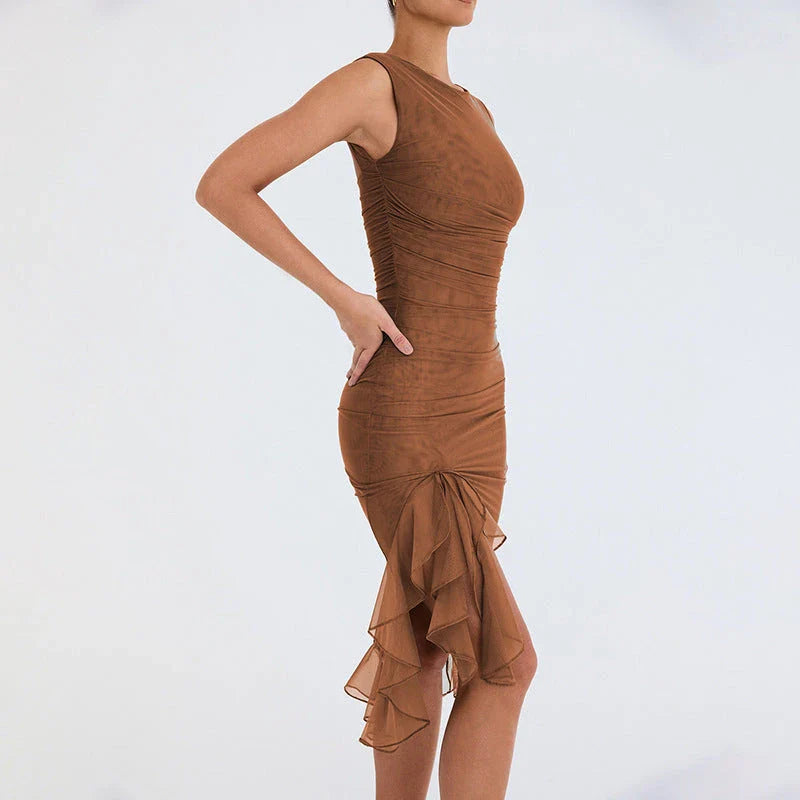 Chic sleeveless sheath dress in various colors, featuring a unique collage/splicing design and a form-fitting silhouette