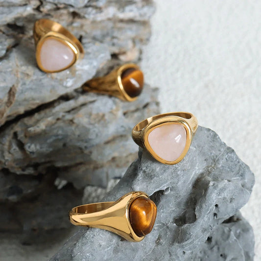 Elegant titanium steel ring with natural stones in various colours and styles, perfect for unisex wear