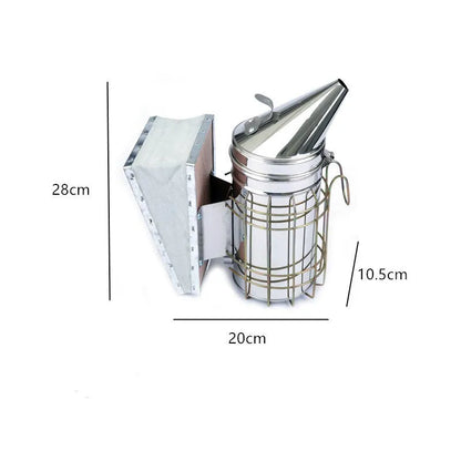 Stainless steel and leather manual bee smoker for beekeeping, showing 10.5cm barrel.