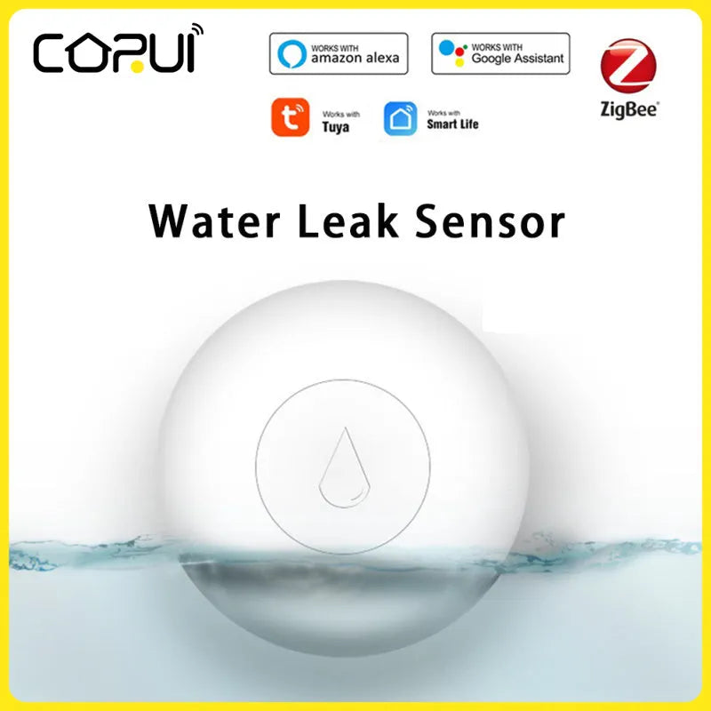 Zigbee Wireless Water Sensor with FCC and CE Authentication for smart home flood detection, powered by a replaceable CR2032 battery, featuring PC construction, working temperature range of -10°C to 55°C, and app support for Smart Life/TUYA.