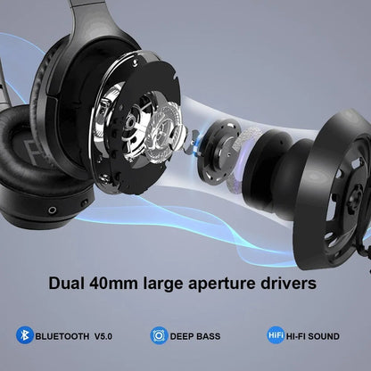 Black Gorsun E98 over-ear wireless Bluetooth headphones with memory-protein cushions and a stainless steel slider.