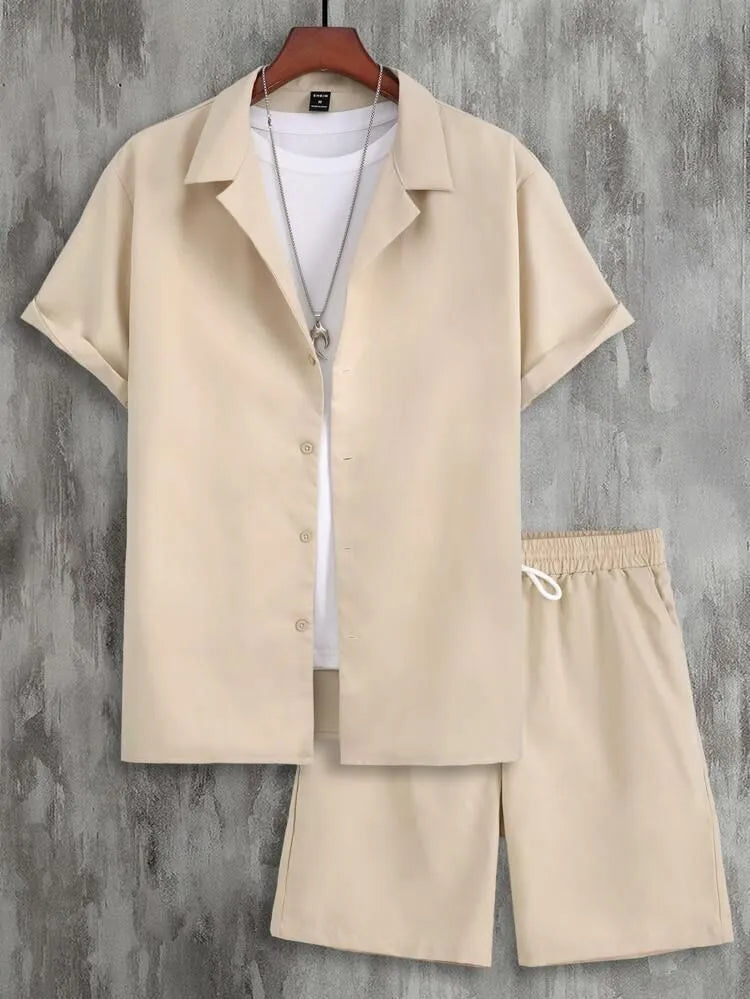 Men's short sleeve Cuban collar sport suit set with matching polyester shorts in multiple colour options