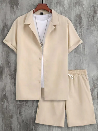 Men's short sleeve Cuban collar sport suit set with matching polyester shorts in multiple colour options