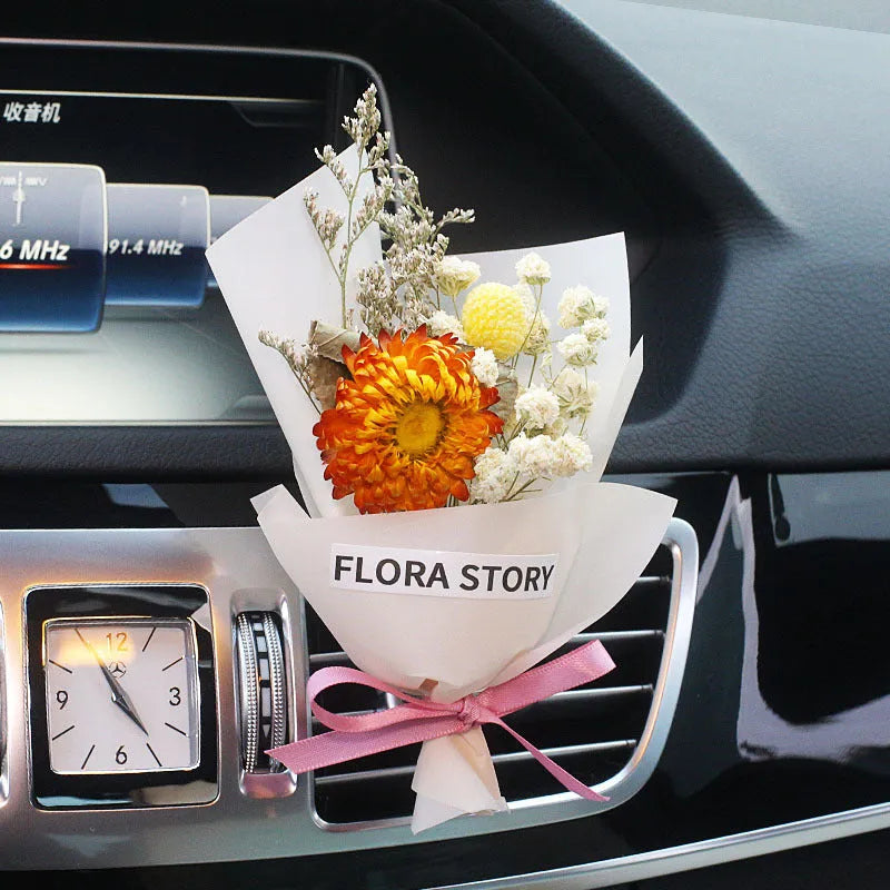 Dried flower car air freshener set with colourful bouquet and fragrance strips for air conditioning vents