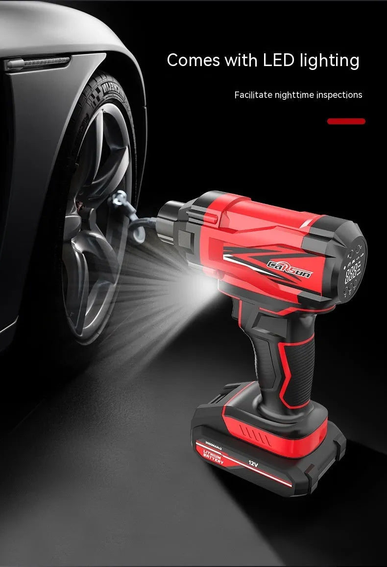 Red and black portable car wireless air pump with battery, cables, and multiple nozzles for tyres and sports equipment.