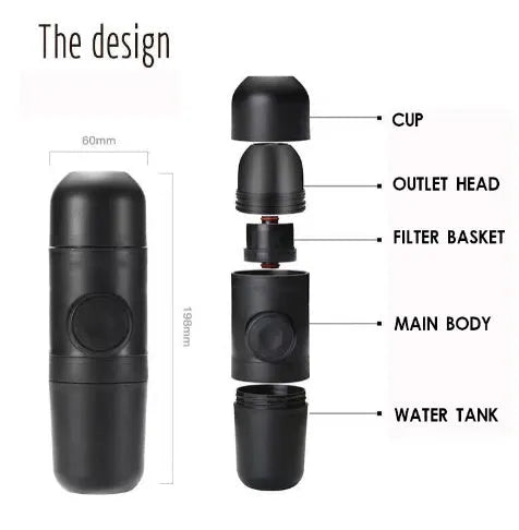 Black portable manual espresso machine with compact 6cm width, showing stainless steel components and manual pump for 8-bar pressure.
