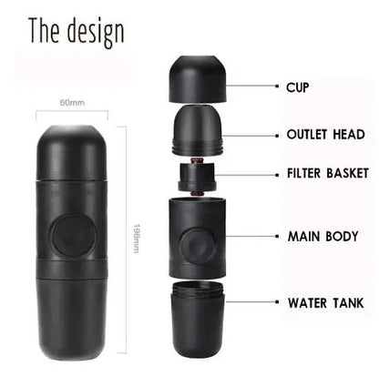 Black portable manual espresso maker with stainless steel parts, shown next to a coffee bag and mug.