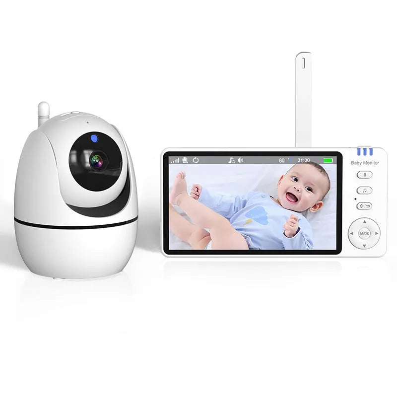 White HD wireless baby monitor with 5-inch LCD screen on a table
