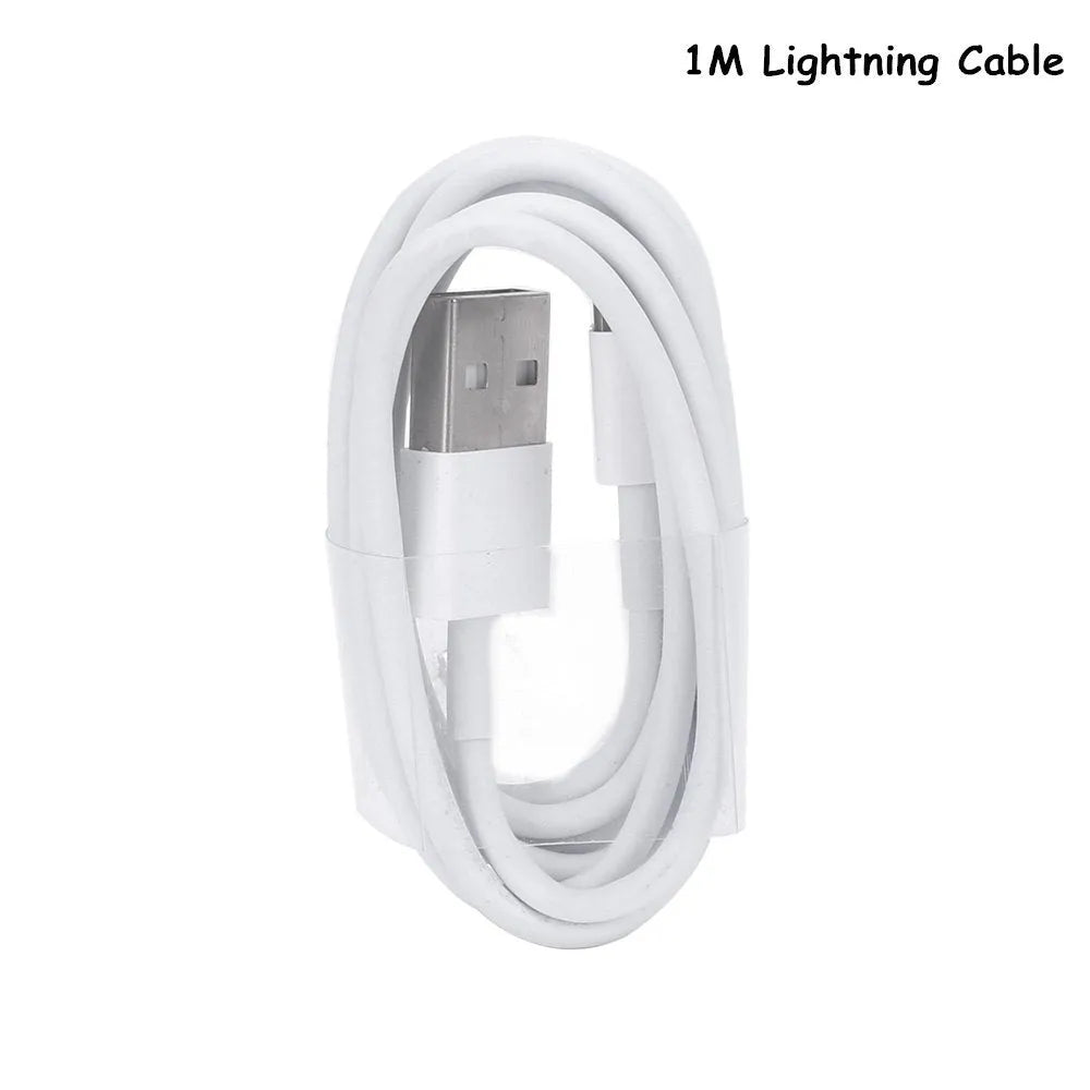 White USB wall charger and white Lightning cable for iPhone and iPad on a grey background.