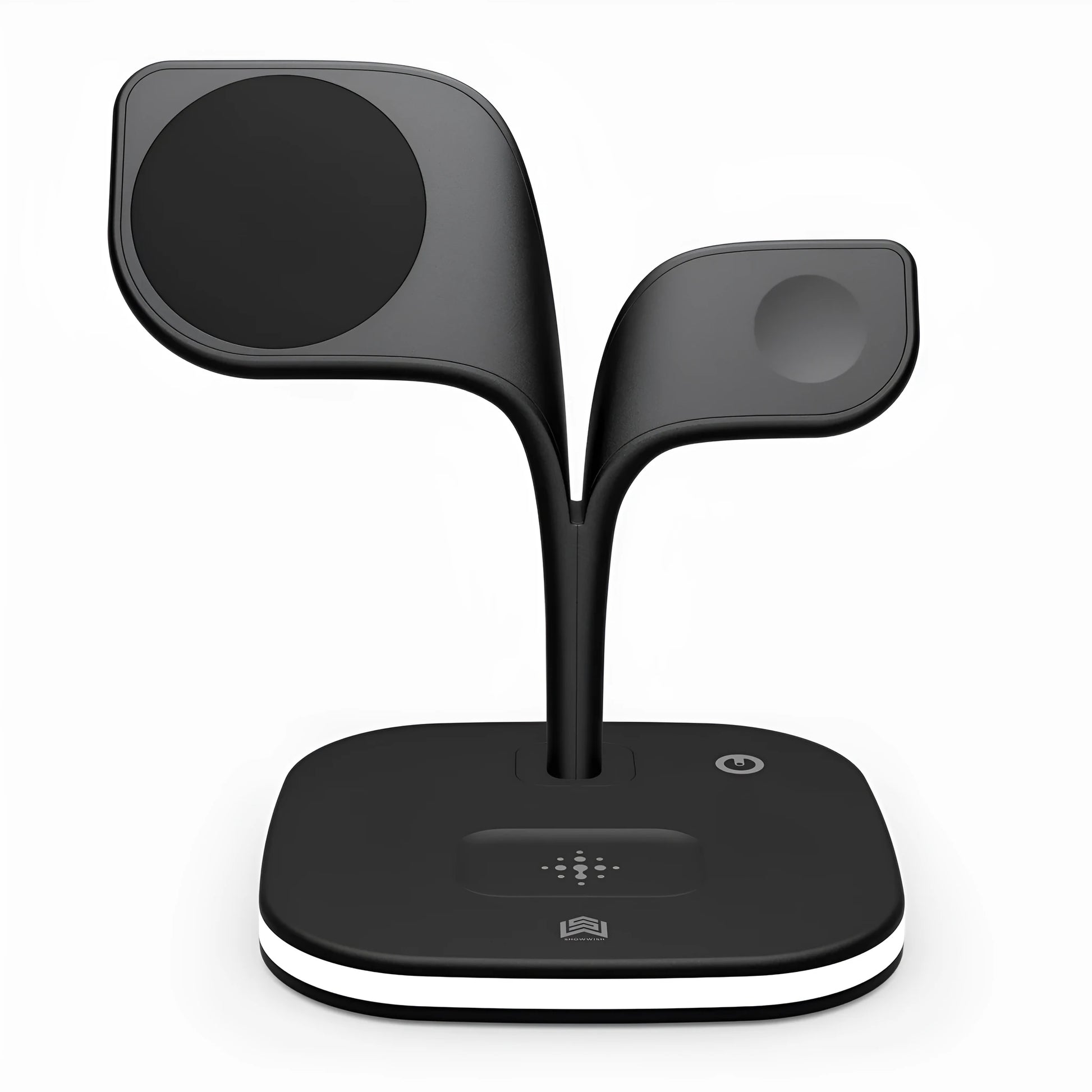 Black 3-in-1 wireless charging stand with phone, smartwatch, and headphones placed on its charging pads