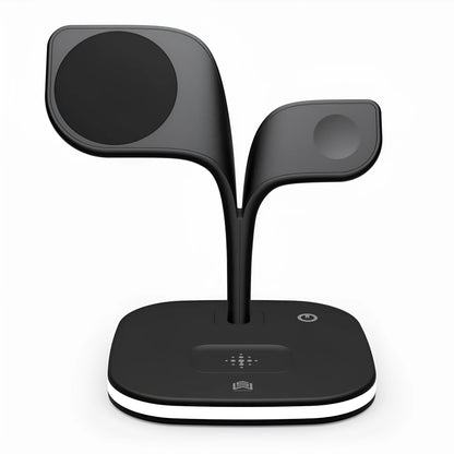 Black 3-in-1 wireless charging stand with phone, smartwatch, and headphones placed on its charging pads