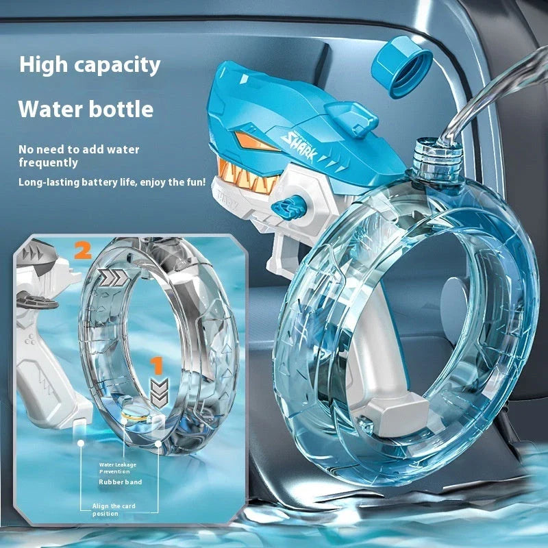A powerful electric water blaster with a sleek shark design, perfect for summer fun and water battles.